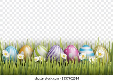 Easter background with realistic 3d colorful eggs, and daisy flowers on transparent backdrop. Vector illustration.