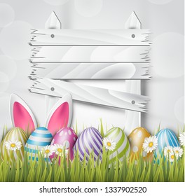 Easter background with realistic 3d colorful eggs, wooden white sign, and daisy flowers. Vector illustration.