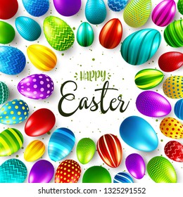 Easter background with realistic painted eggs. Spring egg hunt. Happy holiday greeting card with text lettering, calligraphy. Colorful season banner. Vector illustration.
