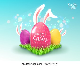 Easter background in realistic style with green grass, color decorate eggs, cartoon easter bunny ears, magic light effect isolated on blue. Design element for greeting poster. Vector illustration