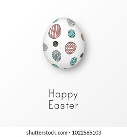 Easter background with realistic white egg with cute doodle ornament and Happy Easter text. Minimalistic vector design. Spring holiday illustration