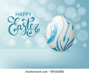 Easter background with realistic white egg with elegant marble waves ornament and Happy Easter text. Minimalistic vector design. Spring holiday illustration