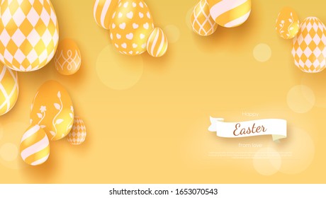 Easter background with realistic yellow eggs decorated ornaments. Festive template with modern pattern for Easter holidays. Background for greeting card, ad, poster, flyer. Vector 3d illustration