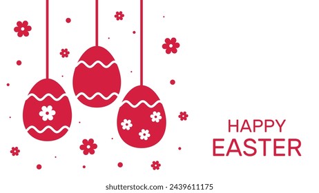 Easter background with red easter eggs with white floral designs and holiday wishes,  for use in festive communication, marketing materials, seasonal promotions, banners.
