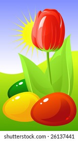 Easter background. Red tulip and colored eggs. Vector