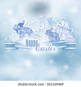 Easter background with ribbon, hares and gifts in blue