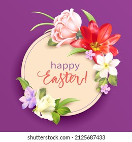 Easter background with round label and floral border. Greeting card with spring flowers. Vector illustration.