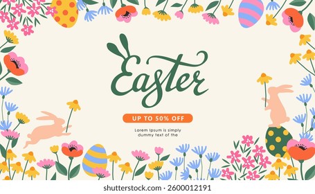 Easter background for sale promotions, social media, greeting cards, posters, holiday covers. Trendy design with typography, hand drawn flowers, eggs and bunny, in vibrant colors. Vector illustration.