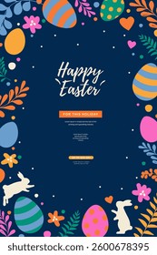 Easter background for sale promotions, social media, greeting cards, posters, holiday covers. Trendy design with typography, hand drawn flowers, eggs and bunny, in vibrant colors. Vector illustration.
