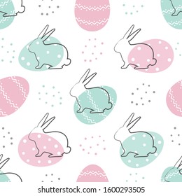 Easter Background. Seamless Abstract Pattern With Easter Bunnies And Eggs On A White Background. Vector Illustration