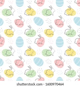 Easter background. Seamless abstract pattern with Easter bunnies and eggs on a white background. Vector illustration.