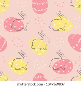 Easter background. Seamless abstract pattern with Easter bunnies and eggs on a pink background. Vector illustration
