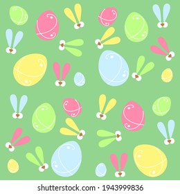 Easter background. Seamless abstract pattern with Easter multi coloured bunny ears and eggs on a green background. Vector illustration. Egg hunt .Funny rabbit ears .