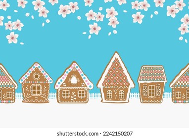 Fondo de Pascua. Frontera perfecta. Aldea de pan de jengibre. Paisaje de primavera. casas de jengibre, ramas florecientes con fondo azul. Plantilla de tarjeta de felicitación. Ilustración del vector