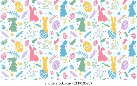 arrière-plan pâque harmonieux. petits lapins et oeufs de pâques mignons sur fond de fleurs et de feuilles. illustration vectorielle à plat isolée