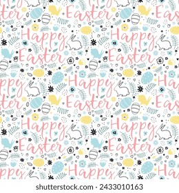 Easter background. Seamless pattern with Easter bunnies, eggs, flowers, hearts, leaves. Happy Easter Abstract design. Vector illustration on white