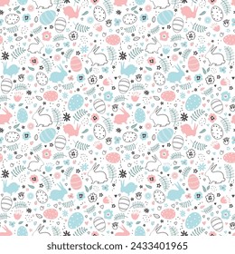 Easter background. Seamless pattern with Easter bunnies, eggs, flowers, hearts, leaves. Happy Easter Abstract design. Vector illustration on white