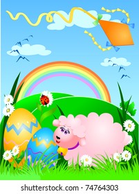 Easter background with sheep, vector image