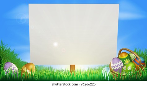 Easter background sign in middle of field with Easter eggs and basket