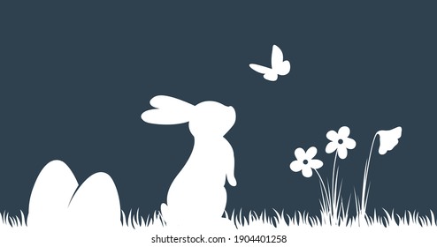 Easter Background and silhouette bunny   butterfly  Simple hand drawn easter horizontal background 