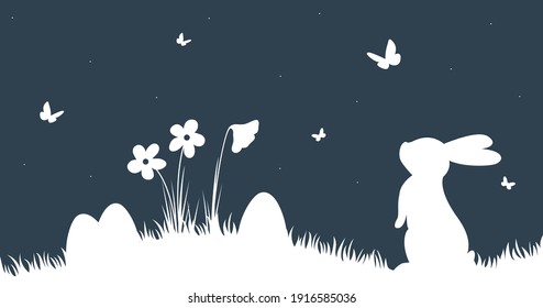 Fondo de Semana Santa con conejito de silueta y mariposa. Sencillo dibujo a mano Estilo horizontal de Pascua con conejo, flores, huevos de Pascua.