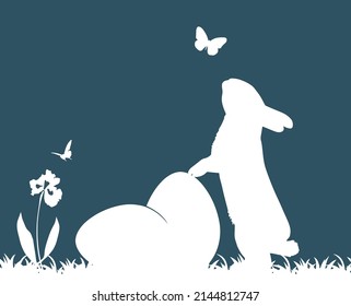 Easter background with a silhouette of a rabbit and a butterfly. Simple hand drawn easter horizontal background. Vector silhouette of rabbits on a dark background.