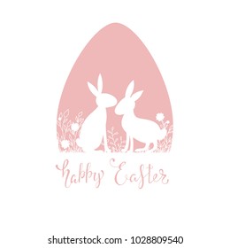 Easter background with silhouette of rabbits and flowers on an egg background. Vector illustration.