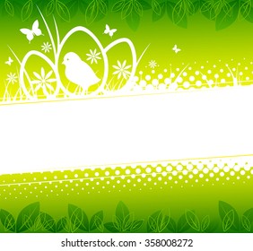 Easter background with silhouettes of chicken, eggs and spring flowers