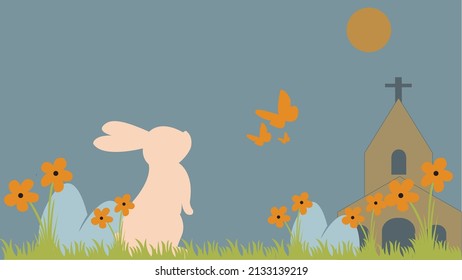 Easter background with silhouettes of church buildings, eggs, rabbits and butterflies. Simple easter horizontal background.