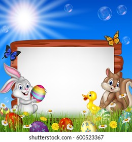 Easter background with small animals and blank sign