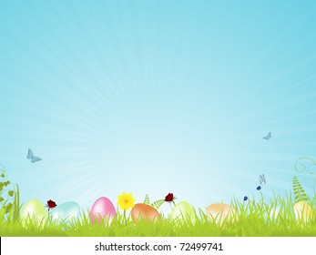 Easter background with speckled easter eggs on a spring landscape