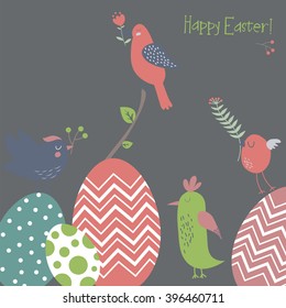 Easter background with spring birds and eggs