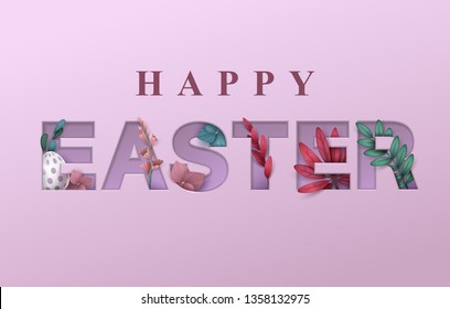Easter background with spring flowers. Cut out paper letters. Vector illustration.