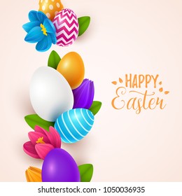 Easter background with spring flowers and eggs. Vector illustration