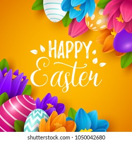 Easter background with spring flowers and eggs. Vector illustration