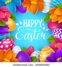 Easter background with spring flowers and eggs. Vector illustration