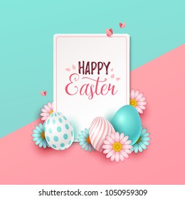 Easter background with spring flowers and eggs. Vector illustration