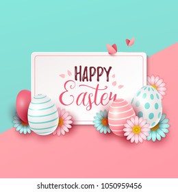 Easter background with spring flowers and eggs. Vector illustration