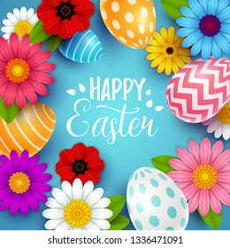Easter background with spring flowers and eggs. Vector illustration