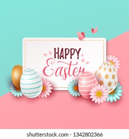 Easter background with spring flowers and eggs. Vector illustrat