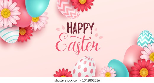 Easter background with spring flowers and eggs. Vector illustration