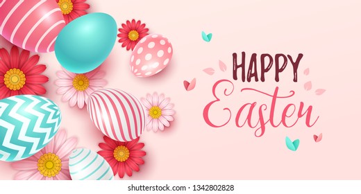 Easter background with spring flowers and eggs. Vector illustration