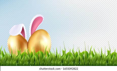 Easter background. Spring illustration, season decoration. Realistic isolated green grass and golden eggs. Springtime garden or meadow. Bunny ears vector background