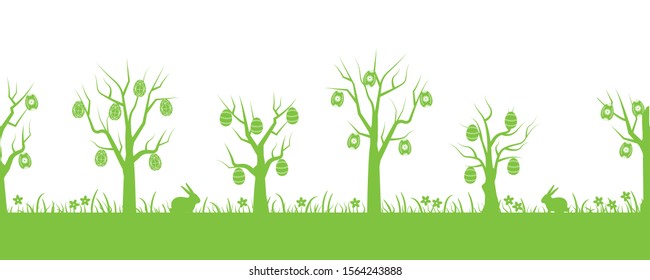 Easter background. Spring landscape. Seamless border. Green silhouettes. There are Easter trees, grass, flowers and rabbits in the picture. Vector flat illustration