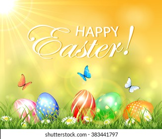 Easter background with Sun and colored eggs in grass with flowers and flying butterflies, illustration.