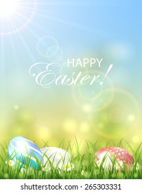 Easter background with Sun and colorful eggs in the grass, illustration.
