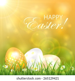 Easter background with Sun and golden eggs in the grass, illustration.