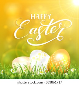 Easter background with Sun and golden eggs in the grass, illustration.