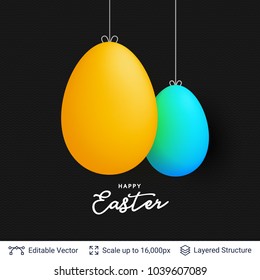 Easter background template. 3D colored eggs on black backdrop. Editable vector illustration.