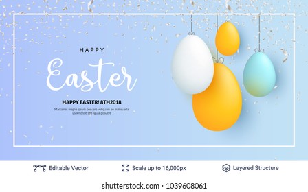 Easter background template. 3d colored eggs on light backdrop with greeting text. Editable vector illustration.